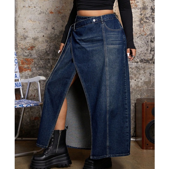 Plus Dark Wash High Waisted Side Tie Denim Jean Maxi Skirt - Picture 2 of 4
